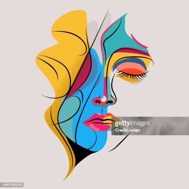 surreal colourful female face portrait - young woman portrait stock illustrations