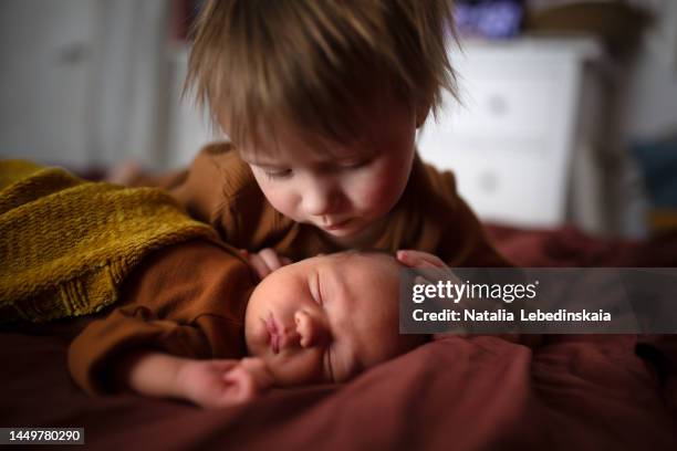 newborn baby with older brother, kid tender touching newborn baby. dark style and close up portrait. - kiss sisters foto e immagini stock