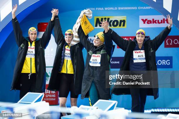 Mollie O'Callaghan, Chelsea Hodges, Emma McKeon and Madison Wilson of Australia wave to the crowd in the Women's 4x50m Medley Relay Final on day five...