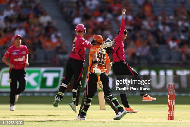 Izharulhaq Naveed of the Sixers celebrates the wicket of Josh Inglis of the Scorchers during the Men's Big Bash League match between the Perth...