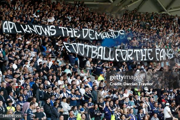 Fans show their disappointment with the APL before the round eight A-League Men's match between Melbourne City and Melbourne Victory at AAMI Park, on...