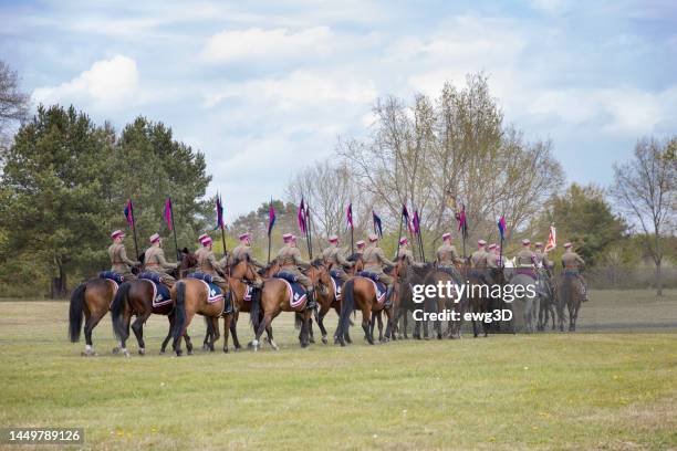 polish cavalry on parade - historische nachstellung stock-fotos und bilder