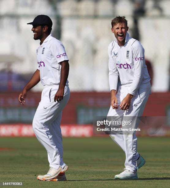 Joe Root of England celebrates the wicket of Mohammad Rizwan of Pakistan during day one of the Third Test match between Pakistan and England at...