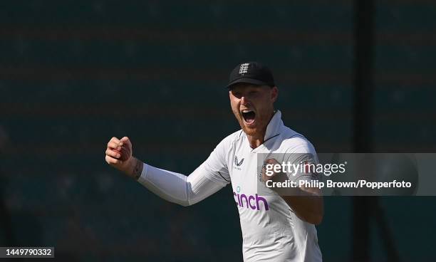 Ben Stokes of England celebrates after catching Mohammad Rizwan of Pakistan on the first day of the third Test between Pakistan and England at...