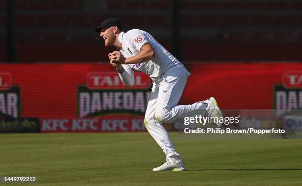 Ben Stokes of England catches Mohammad Rizwan of Pakistan on the first day of the third Test between Pakistan and England at Karachi National Stadium...