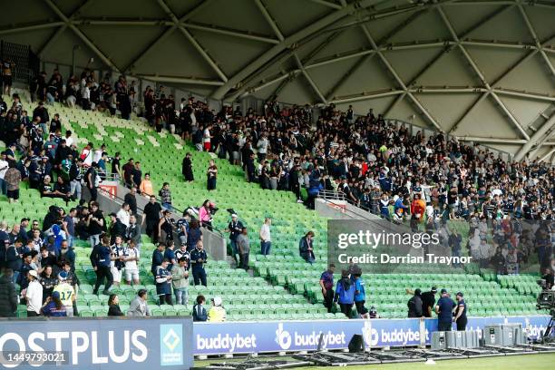 Fans begin to leave during the round eight A-League Men's match between Melbourne City and Melbourne Victory at AAMI Park, on December 17 in...