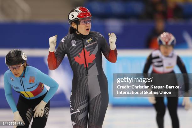 Courtney Sarault of Canada celebrates after winning Women’s 500m Final A race during the ISU World Cup Short Track at Halyk Arena on December 17,...