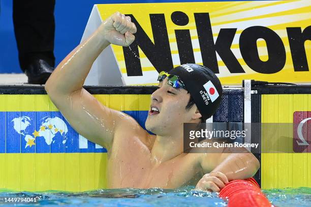 Daiya Seto of Japan celebrates winning gold in the Men's 400m Individual Medley Final on day five of the 2022 FINA World Short Course Swimming...