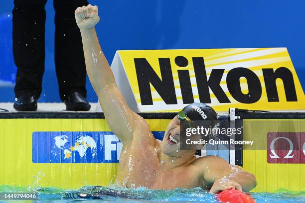 Daiya Seto of Japan celebrates winning gold in the Men's 400m Individual Medley Final on day five of the 2022 FINA World Short Course Swimming...