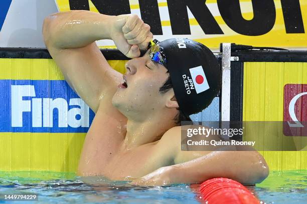 Daiya Seto of Japan celebrates winning gold in the Men's 400m Individual Medley Final on day five of the 2022 FINA World Short Course Swimming...