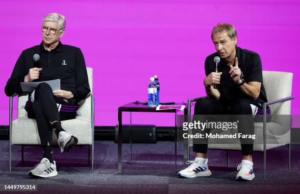 S Chief of Global Football Development and former Football Manager, Arsene Wenger , speaks with Technical Study Group Captain, Juergen Klinsmann...