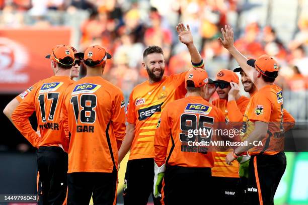 Andrew Tye of the Scorchers celebrates after taking the wicket of James Vince of the Sixers during the Men's Big Bash League match between the Perth...