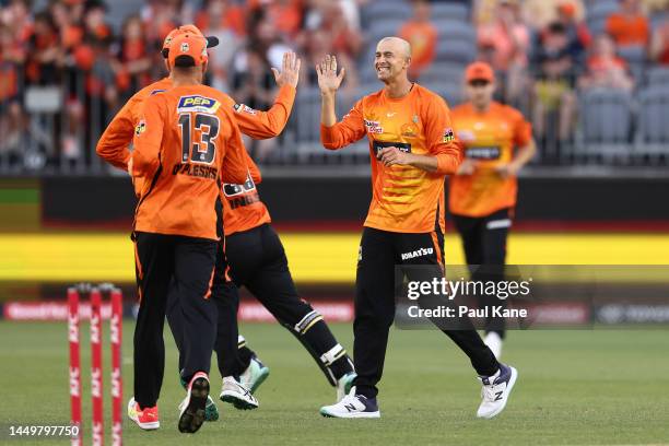 Ashton Agar of the Scorchers celebrates the wicket of Dan Christian of the Sixers during the Men's Big Bash League match between the Perth Scorchers...