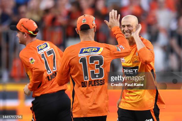 Ashton Agar of the Scorchers celebrates the wicket of Dan Christian of the Sixers during the Men's Big Bash League match between the Perth Scorchers...