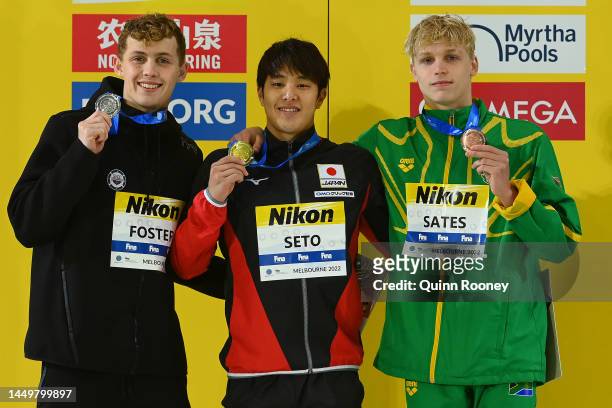 Silver medallist Carson Foster of the United States, Gold medallist Daiya Seto of Japan and Bronze medallist Matthew Sates of South Africa pose...