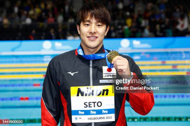 Gold medallist Daiya Seto of Japan poses during the medal ceremony for the Men's 400m Individual Medley Final on day five of the 2022 FINA World...