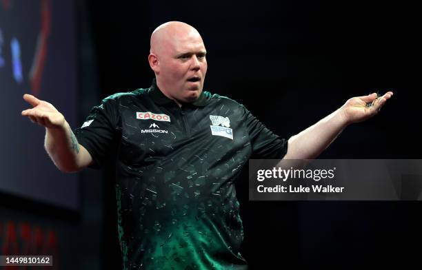 Martin Lukeman of England reacts during his Round One Match against Nobuhiro Yamamoto of Japan during Day Three of The Cazoo World Darts Championship...