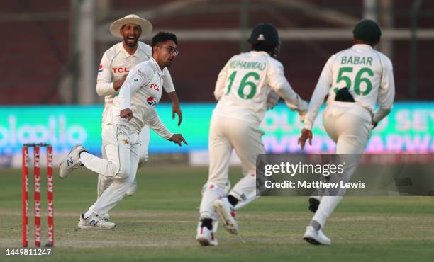 Abrar Ahmed of Pakistan celebrates bowling Zak Crawley of England LBW during day one of the Third Test match between Pakistan and England at Karachi...