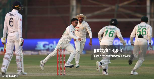 Abrar Ahmed of Pakistan celebrates bowling Zak Crawley of England LBW during day one of the Third Test match between Pakistan and England at Karachi...