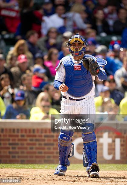 Geovany Soto of the Chicago Cubs catches during the game against the Atlanta Braves on May 9, 2012 at Wrigley Field in Chicago, Illinois.