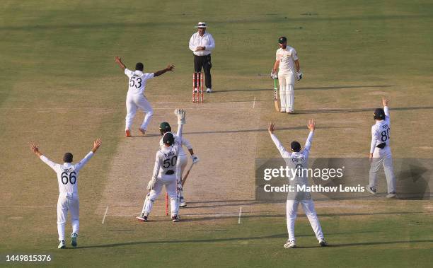 Rehan Ahmed of England celebrates bowling Faheem Ashraf of Pakistan LBW during day one of the Third Test match between Pakistan and England at...