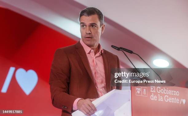 The President of the Government of Spain and Secretary General of the PSOE, Pedro Sanchez, speaks during the presentation of the Socialist Party...