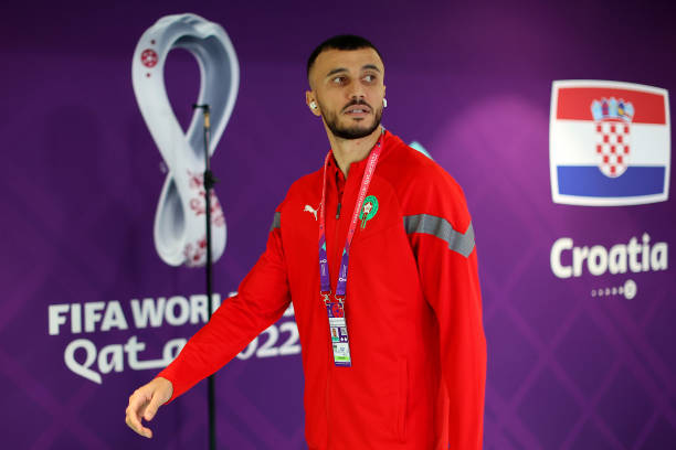 Romain Saiss of Morocco arrives at the stadium prior to the FIFA World Cup Qatar 2022 3rd Place match between Croatia and Morocco at Khalifa...