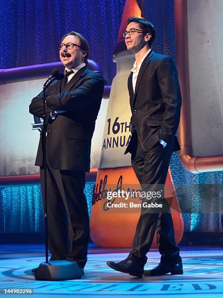 Actors John Hodgman and Justin Long attend the 16th Annual Webby Awards on May 21, 2012 in New York City.