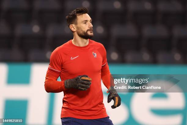 Hugo Lloris of France looks on during the France Training Session ahead of their World Cup Final match against Argentina at Al Saad SC on December...