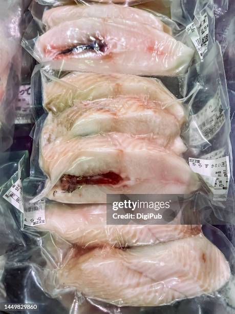 frozen greenland halibut fish fillets from canada, vacuum packed - sotto vuoto foto e immagini stock