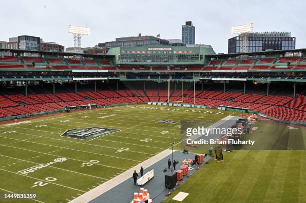 General view of the playing field before the Wasabi Fenway Bowl between the Louisville Cardinals and the Cincinnati Bearcats at Fenway Park on...
