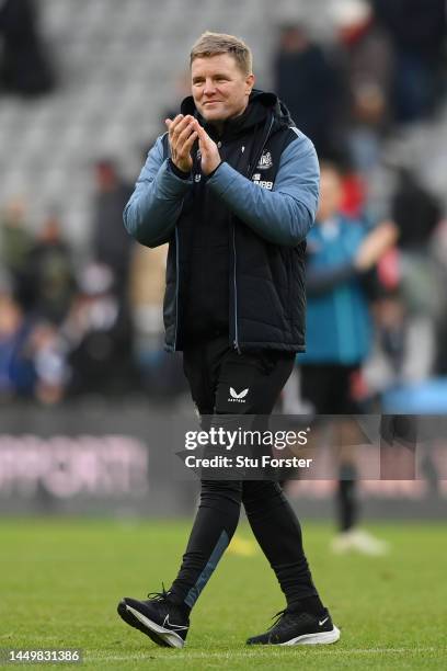 Eddie Howe, Manager of Newcastle United applauds the fans after the friendly match between Newcastle United and Rayo Vallecano at St James' Park on...