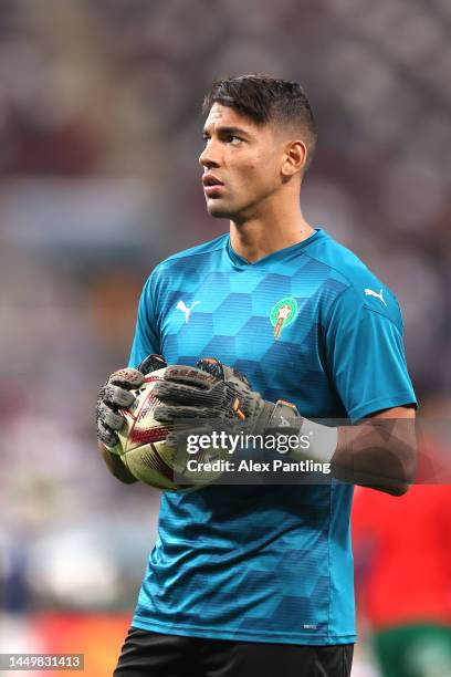 Reda Tagnaouti of Morocco warms up prior to the FIFA World Cup Qatar 2022 3rd Place match between Croatia and Morocco at Khalifa International...