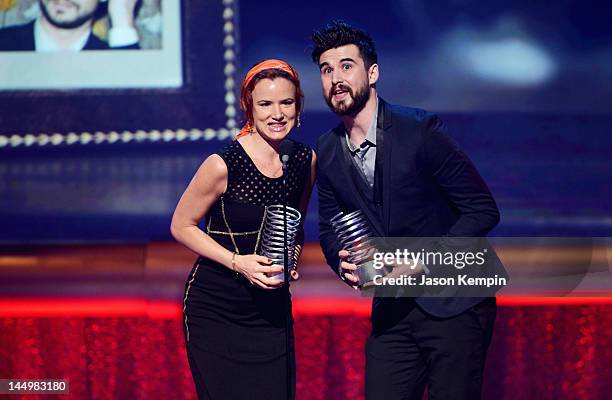 Actress Juliette Lewis and Co-Creator of Sh*t Girls Say Graydon Sheppard speak at the 16th Annual Webby Awards on May 21, 2012 in New York City.