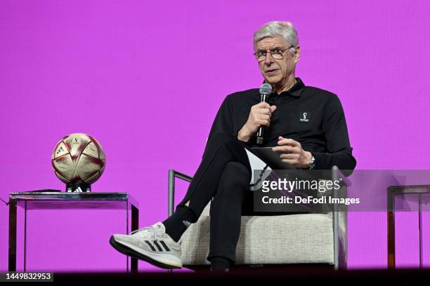 Doha, Qatar, : Arsene Wenger gestures during the Technical Study Group Media Briefing at the Main Media Centre on December 17, 2022 in Doha, Qatar.