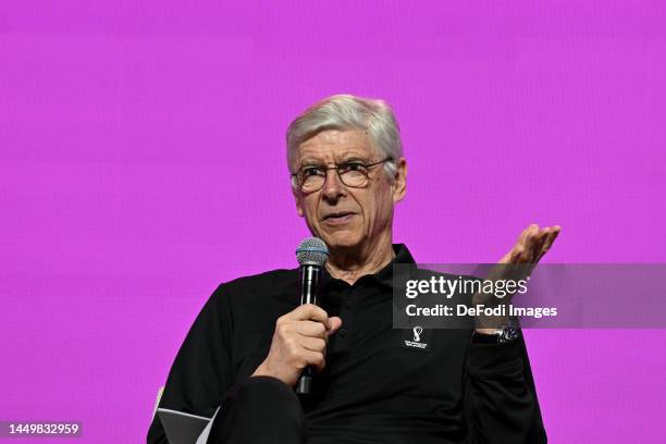 Doha, Qatar, : Arsene Wenger gestures during the Technical Study Group Media Briefing at the Main Media Centre on December 17, 2022 in Doha, Qatar.
