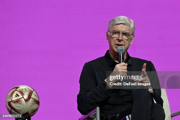 Doha, Qatar, : Arsene Wenger gestures during the Technical Study Group Media Briefing at the Main Media Centre on December 17, 2022 in Doha, Qatar.