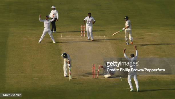 Babar Azam of Pakistan is run out by Ben Foakes on the first day of the third Test between Pakistan and England at Karachi National Stadium on...
