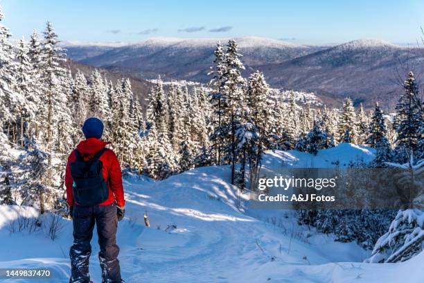 a woman snowshoeing on a mountain in quebec. - quebec icy trail stock pictures, royalty-free photos & images