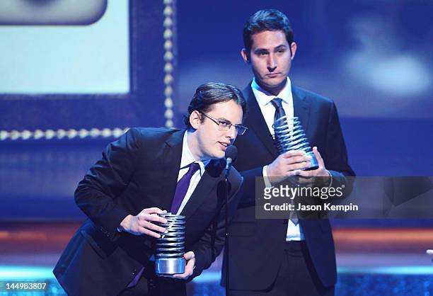 Kevin Systrom and Mike Kriegerof Instagram accept award at the 16th Annual Webby Awards on May 21, 2012 in New York City.