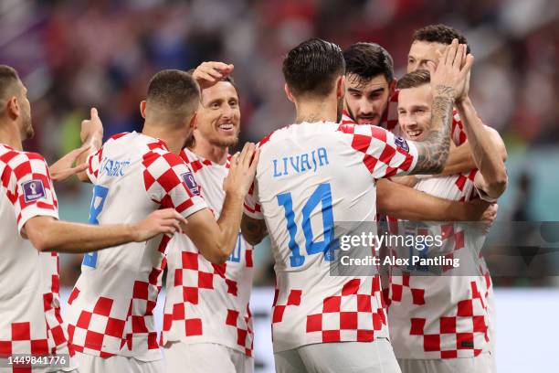 Mislav Orsic of Croatia celebrates after scoring the team's second goal during the FIFA World Cup Qatar 2022 3rd Place match between Croatia and...