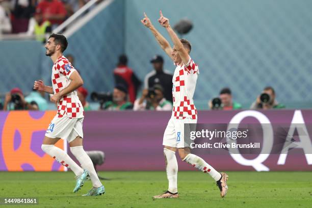 Mislav Orsic of Croatia celebrates after scoring the team's second goal during the FIFA World Cup Qatar 2022 3rd Place match between Croatia and...