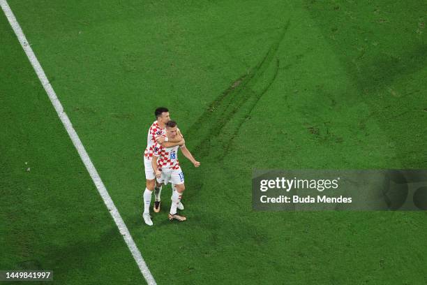 Mislav Orsic of Croatia celebrates after scoring the team's second goal during the FIFA World Cup Qatar 2022 3rd Place match between Croatia and...