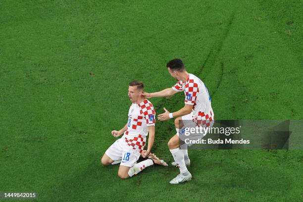 Mislav Orsic of Croatia celebrates after scoring the team's second goal during the FIFA World Cup Qatar 2022 3rd Place match between Croatia and...