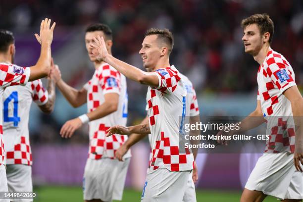 Mislav Orsic of Croatia celebrates after scoring his team's second goal during the FIFA World Cup Qatar 2022 3rd Place match between Croatia and...
