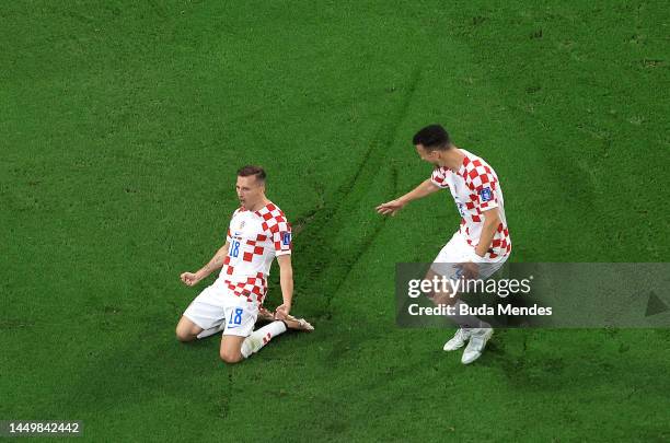 Mislav Orsic of Croatia celebrates after scoring the team's second goal during the FIFA World Cup Qatar 2022 3rd Place match between Croatia and...