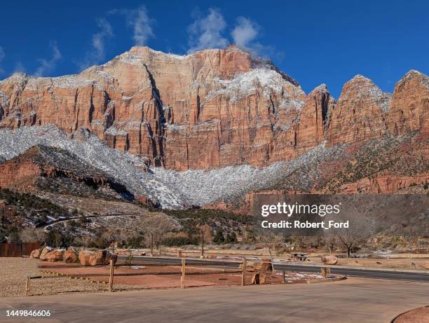 the west temple and peaks of the virgin in zion national park utah in early winter by the human history museum - poplar tree imagens e fotografias de stock