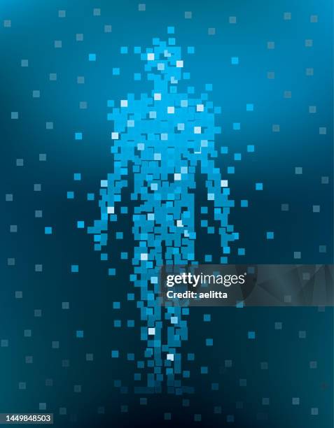 pixelfigur auf abstraktem hintergrund. - disintegration stock-grafiken, -clipart, -cartoons und -symbole