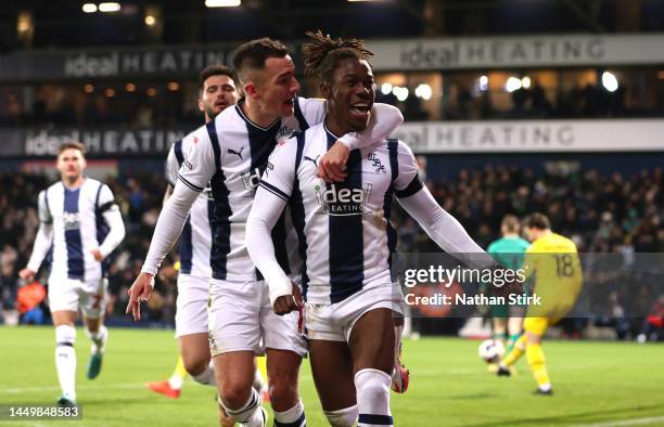 Brandon Thomas-Asante of West Bromwich celebrates after scoring their third goal during the Sky Bet Championship between West Bromwich Albion and...