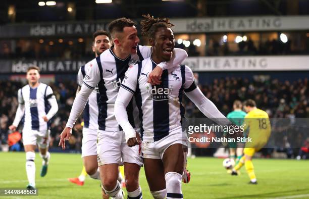 Brandon Thomas-Asante of West Bromwich celebrates after scoring their third goal during the Sky Bet Championship between West Bromwich Albion and...